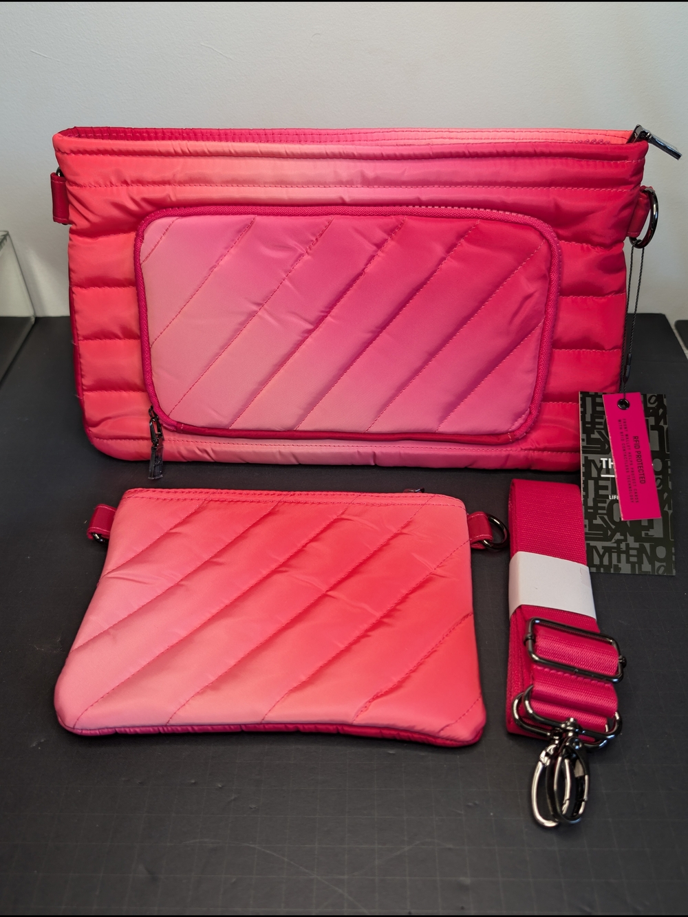 THINK ROYLN Pink Ombre Quilted Crossbody Bag Zip Silver Hardware Strap & Pouch